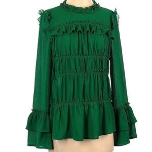 AMARYLLIS Jewel Green Ruch Ruffle Flare Sleeve Blouse Top S